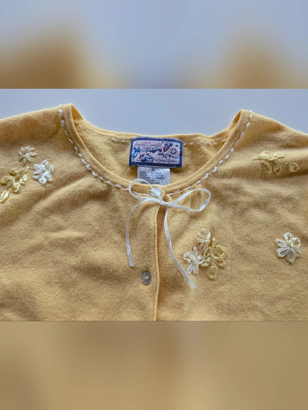 Vintage 90s April Cornell Cotton Ramie Butter Yellow Ribbon Trimmed Cardigan 💐